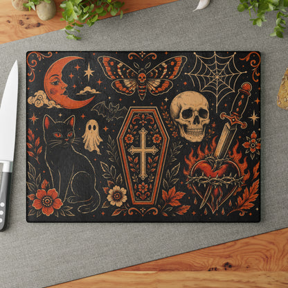 Gothic Occult Glass Cutting Board — Skull, Coffin & Black Cat Kitchen Décor