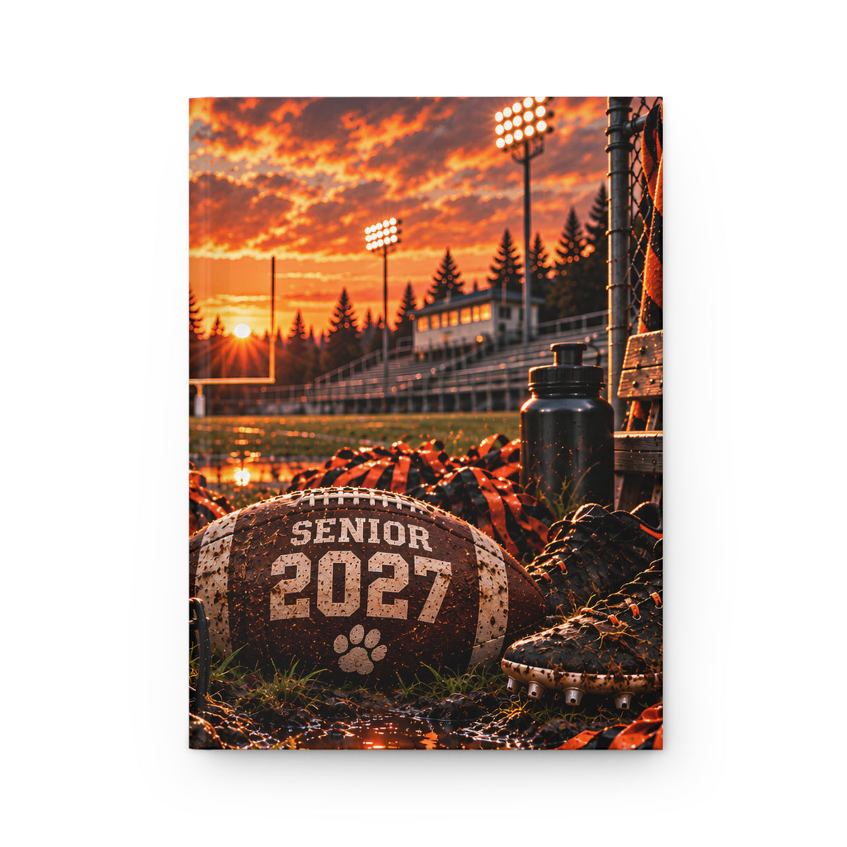Senior 2027 Football Hardcover Journal — Tiger Mascot Sunset Lined Notebook