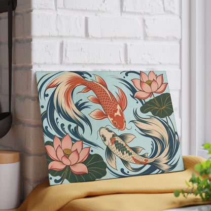Koi Fish Lotus Glass Cutting Board | Japanese Pond Artwork