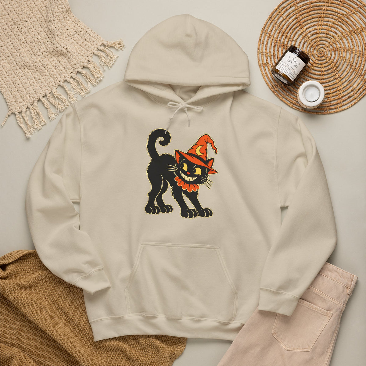 Halloween Black Cat Hoodie – Vintage Witch Hat Cat Pullover