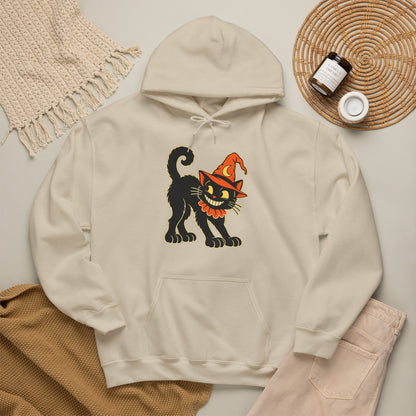 Halloween Black Cat Hoodie – Vintage Witch Hat Cat Pullover