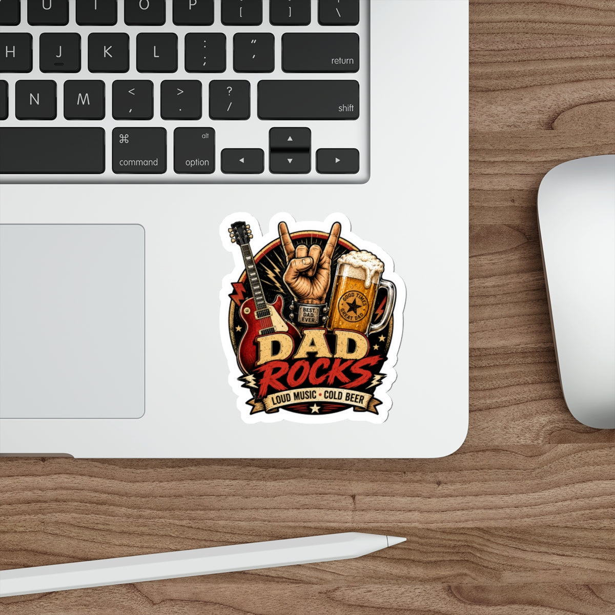 Dad Rocks Guitar Sticker | Rock Hand Sign, Beer, Loud Music