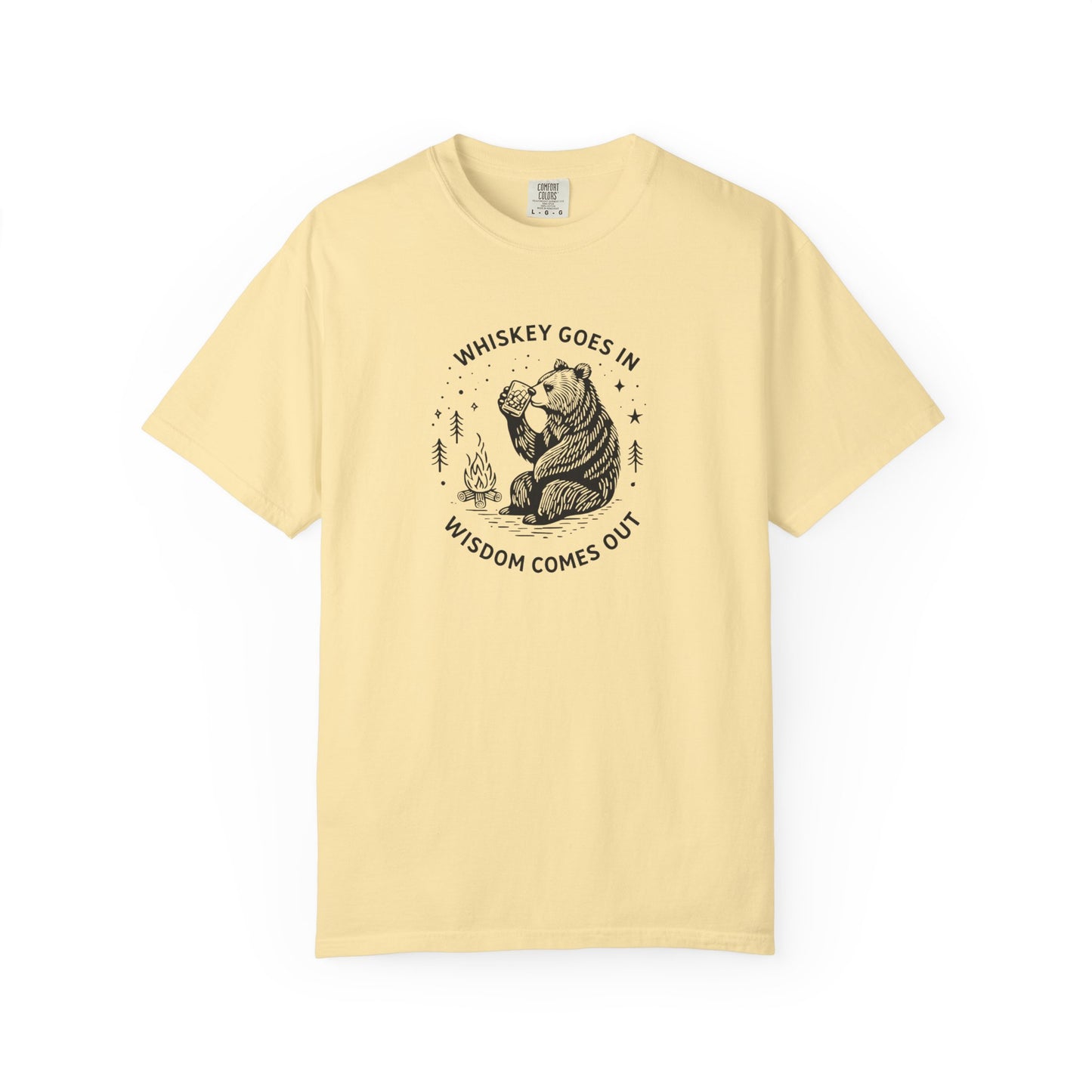 Whiskey Goes In Wisdom Comes Out Bear Illustration T-Shirt | Drinking Humor