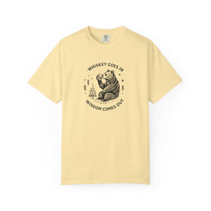 Whiskey Goes In Wisdom Comes Out Bear Illustration T-Shirt | Drinking Humor