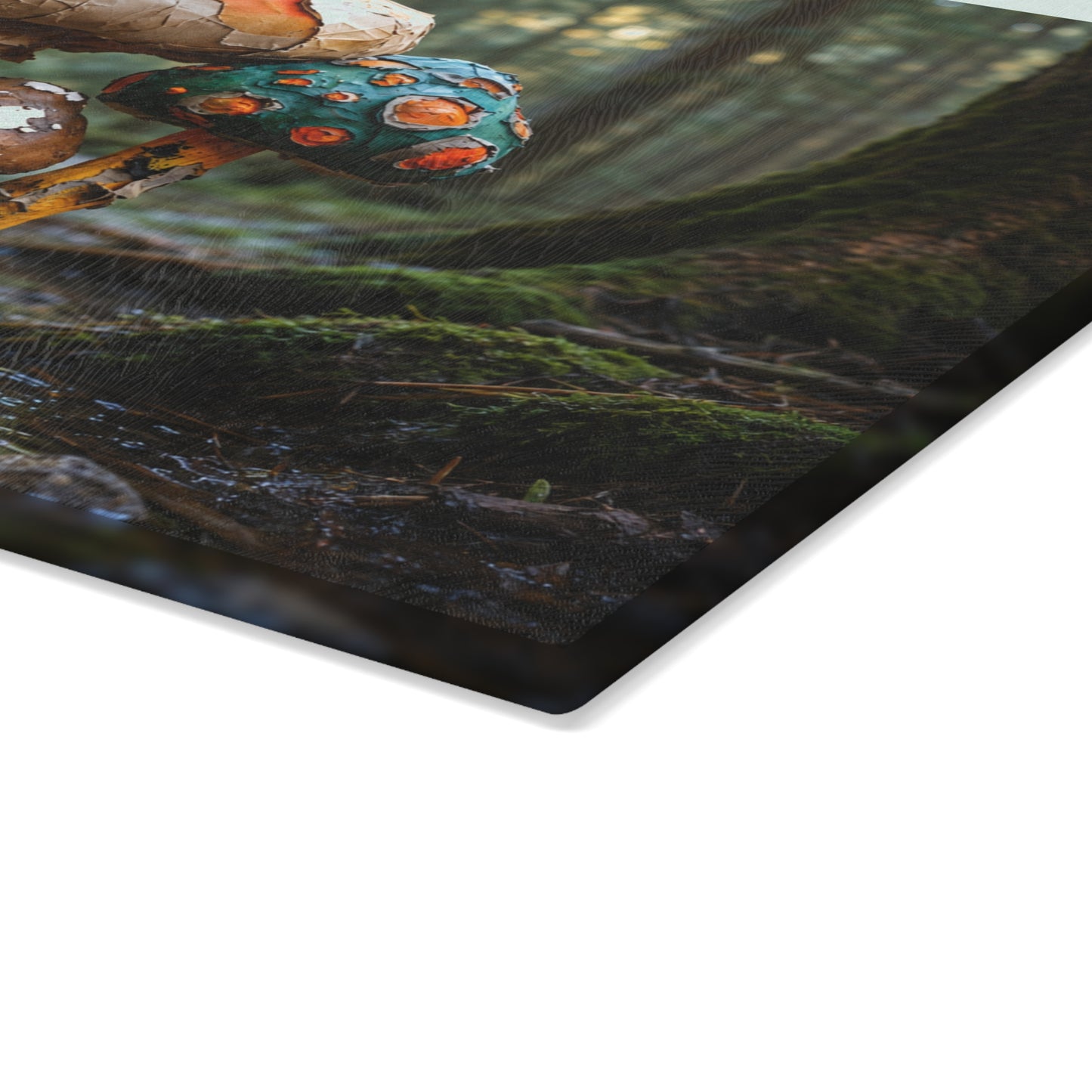 Whimsical Forest Mushrooms Glass Cutting Board — Woodland Kitchen Art
