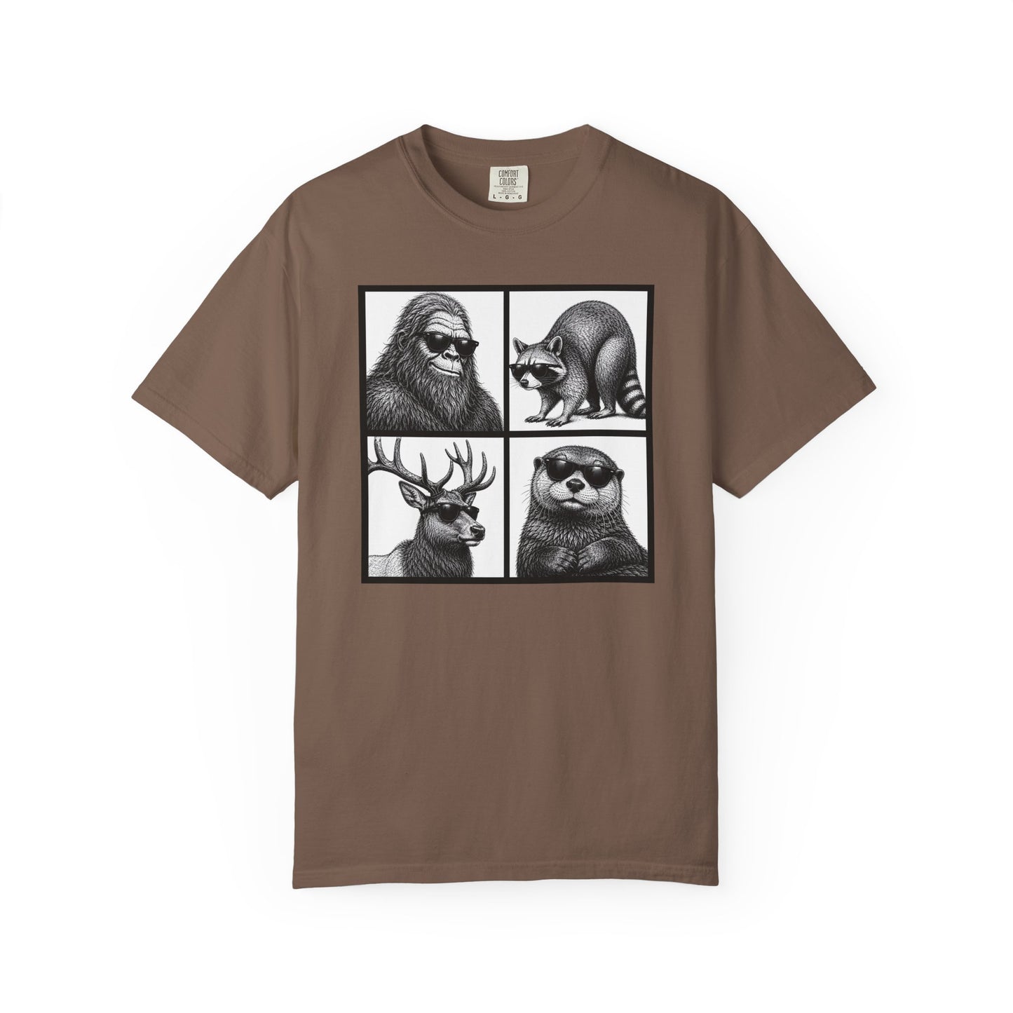 Wildlife Portrait Grid T‑Shirt — Bigfoot, Raccoon, Deer & Otter Illustration