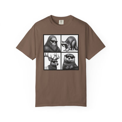 Wildlife Portrait Grid T‑Shirt — Bigfoot, Raccoon, Deer & Otter Illustration