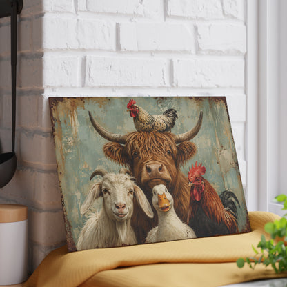 Farm Animal Glass Cutting Board – Rustic Cow, Goat, Duck & Rooster Kitchen Decor