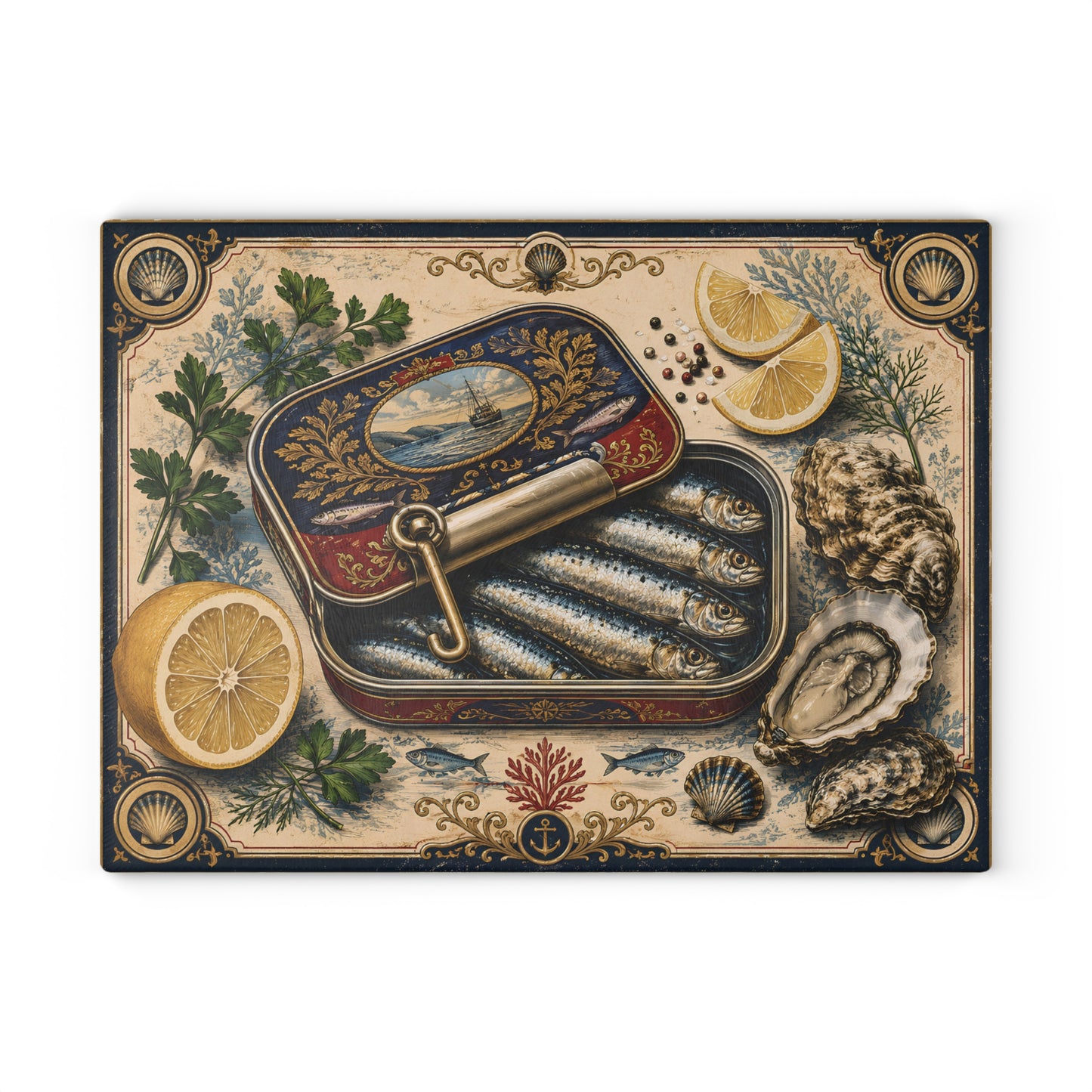 Vintage Sardine Tin Illustration Glass Cutting Board | Seafood Kitchen Art