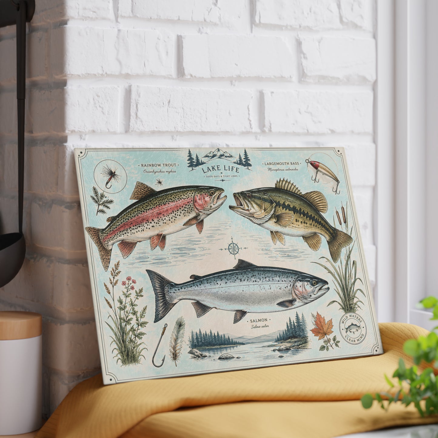 Vintage Fish illustration Glass Cutting Board | Lake Life trout bass salmon