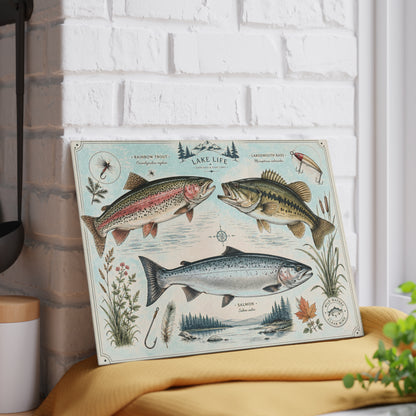 Vintage Fish illustration Glass Cutting Board | Lake Life trout bass salmon