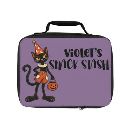 Personalized Halloween Cat Lunch Bag, Custom Name Snack Stash, Purple Retro Black Cat Lunchbox, Spooky Gift for Cat Lovers