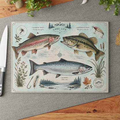 Vintage Fish illustration Glass Cutting Board | Lake Life trout bass salmon