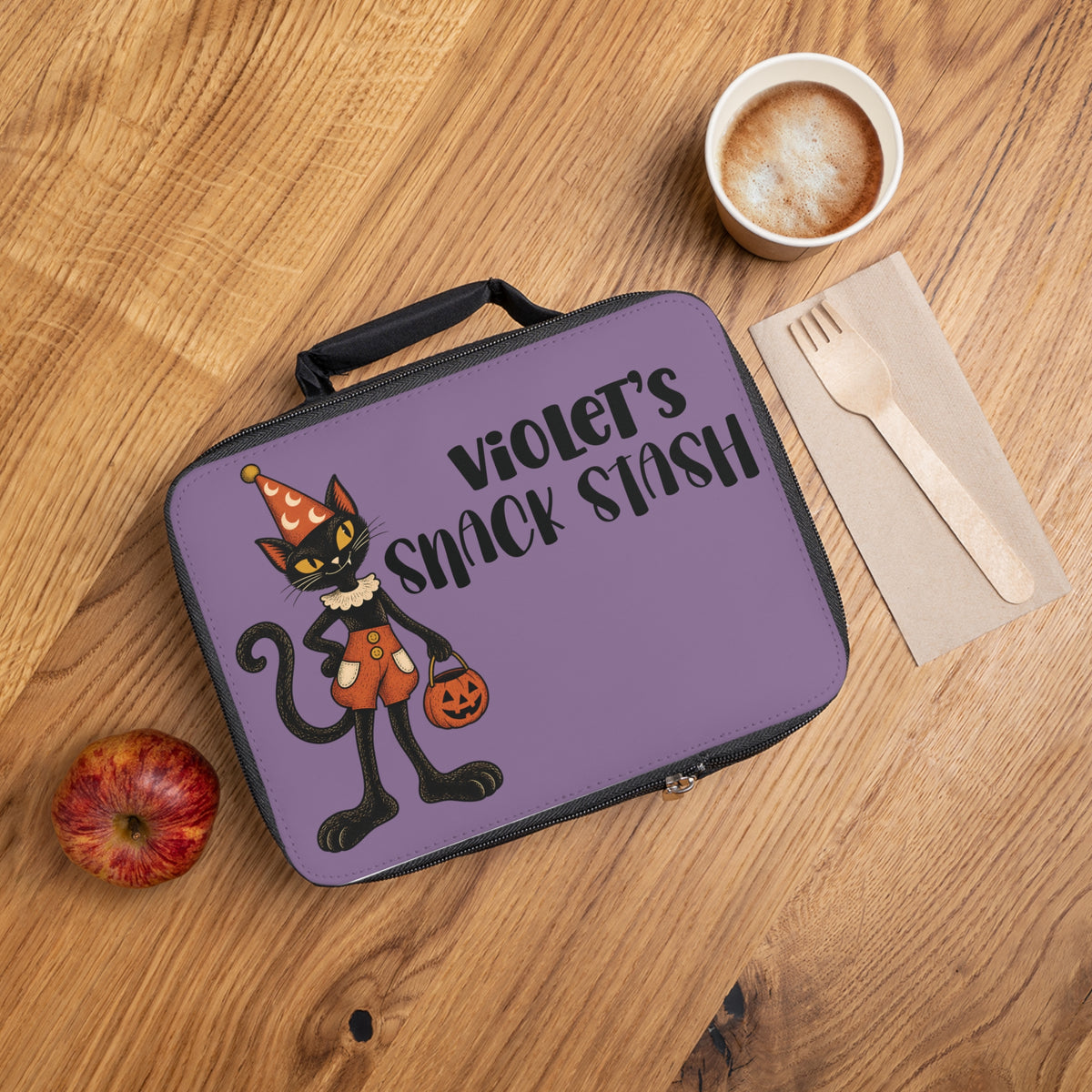 Personalized Halloween Cat Lunch Bag, Custom Name Snack Stash, Purple Retro Black Cat Lunchbox, Spooky Gift for Cat Lovers