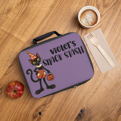 Personalized Halloween Cat Lunch Bag, Custom Name Snack Stash, Purple Retro Black Cat Lunchbox, Spooky Gift for Cat Lovers