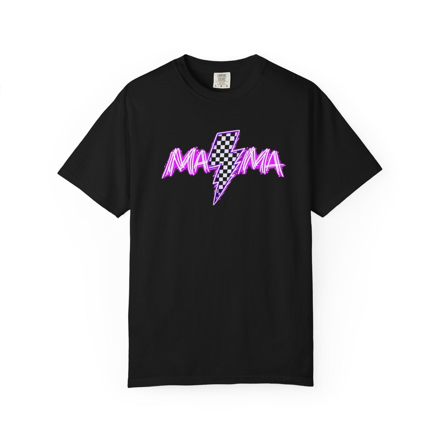 Mama Lightning Bolt T-Shirt — Retro Pink Script Checkerboard Bolt