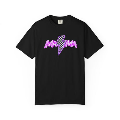 Mama Lightning Bolt T-Shirt — Retro Pink Script Checkerboard Bolt