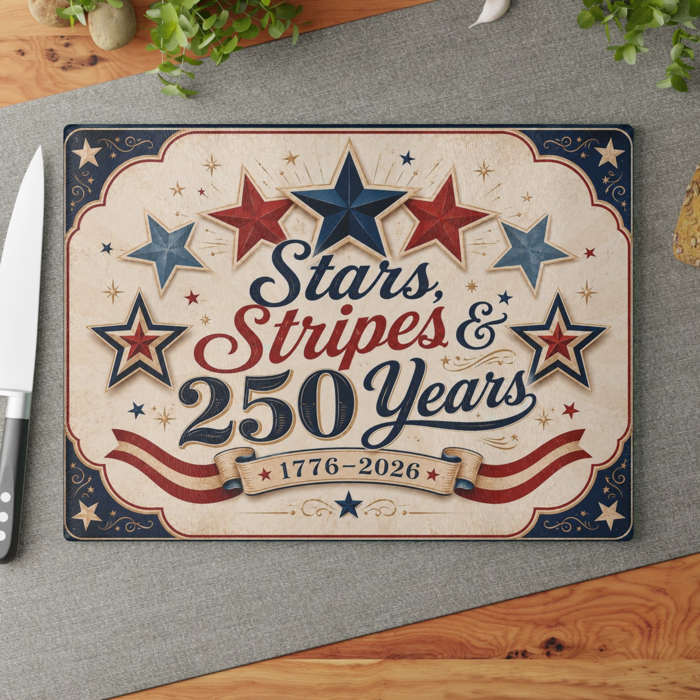 Stars Stripes 250 Years Glass Cutting Board | 1776-2026 Patriotic Kitchen