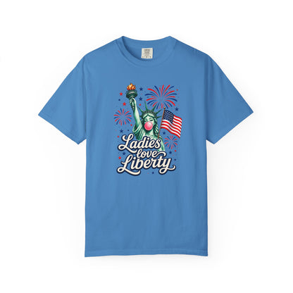Ladies Love Liberty Statue of Liberty T-Shirt | American Flag Fireworks
