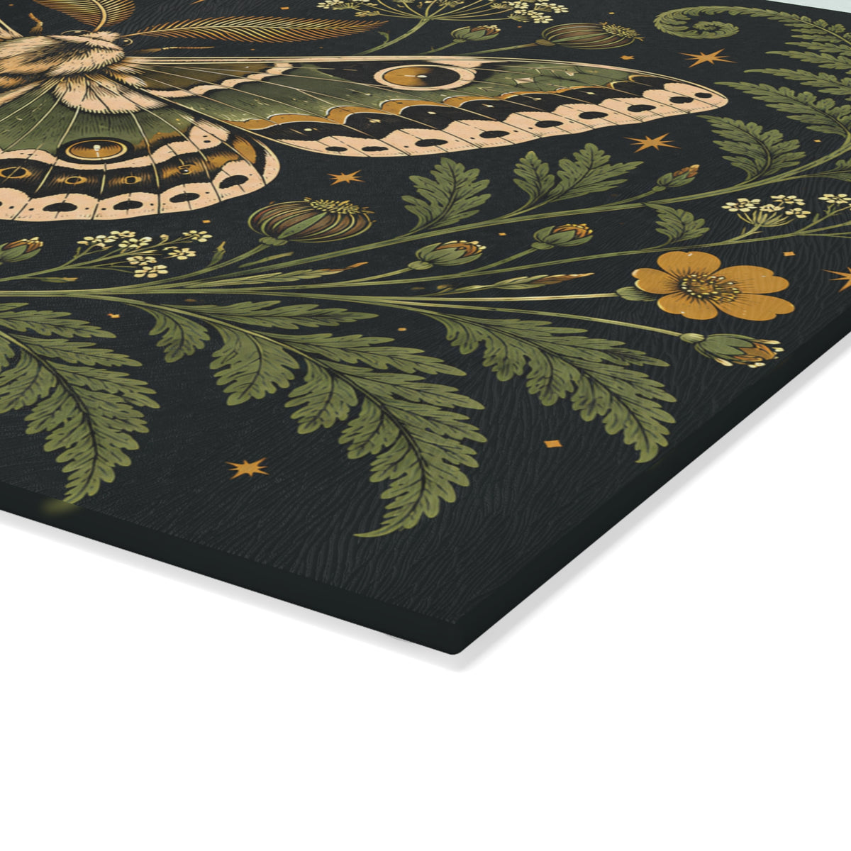 Glass Cutting Board — Vintage Moth & Fern Botanical Design