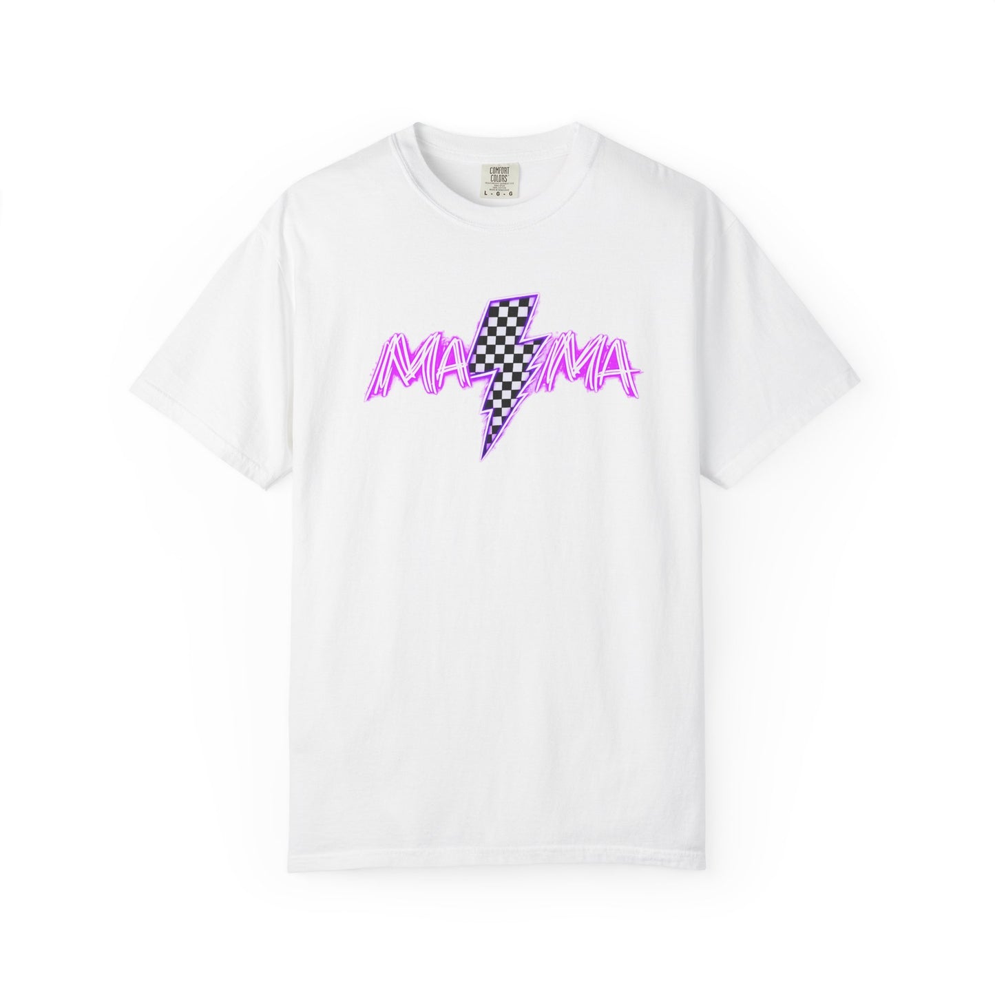 Mama Lightning Bolt T-Shirt — Retro Pink Script Checkerboard Bolt