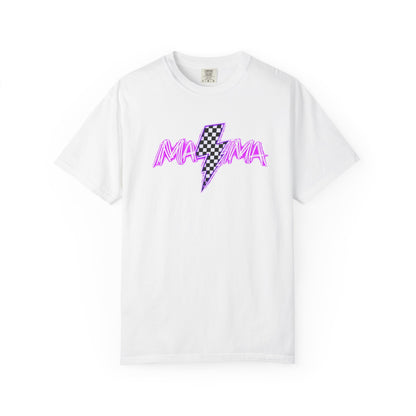 Mama Lightning Bolt T-Shirt — Retro Pink Script Checkerboard Bolt