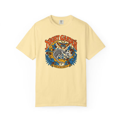 Night Garden T-Shirt, Opossum Skeleton with Moth & Moon, Gothic Botanical Graphic Tee