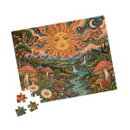 Psychedelic Sun Jigsaw Puzzle, Hippie Mushroom Art, Groovy Mountain Landscape, Boho Nature Puzzle, Gift for Puzzle Lovers