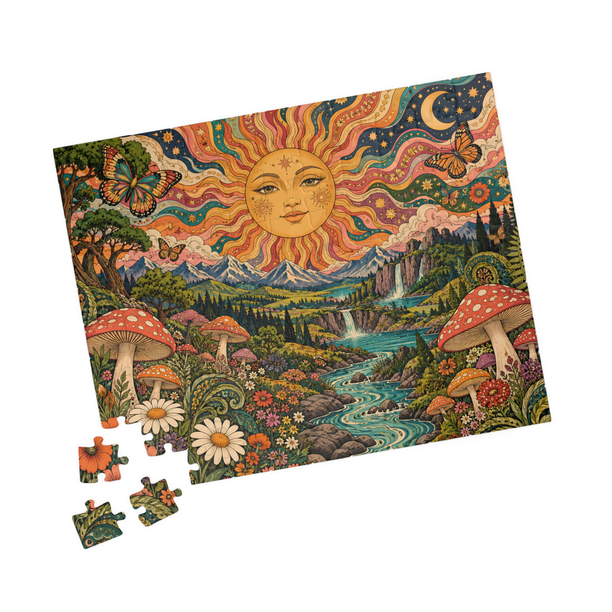Psychedelic Sun Jigsaw Puzzle, Hippie Mushroom Art, Groovy Mountain Landscape, Boho Nature Puzzle, Gift for Puzzle Lovers
