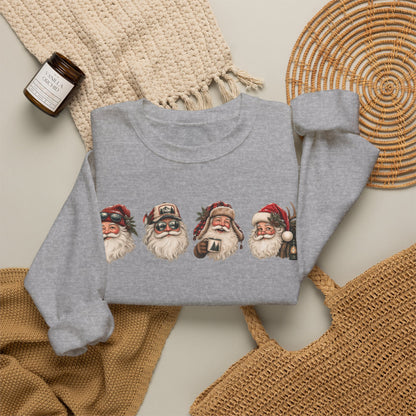 Santa Heads Crewneck Sweatshirt — Vintage Santa Faces Christmas Pullover